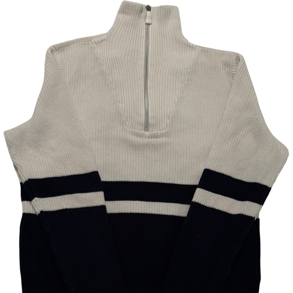 Lauren Ralph‎ Lauren Womens Striped Quarter Zip Cotton Sweater Navy White L